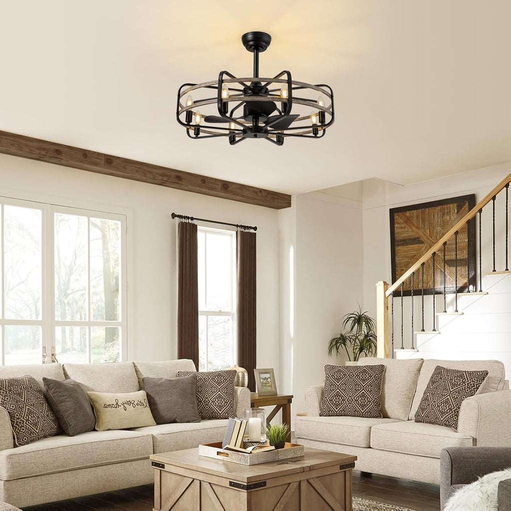 30 Inch Caged Ceiling Fan with Light, Bladeless Farmhouse Ceiling Fan with Remote 6 Speed Reversible Industrial
