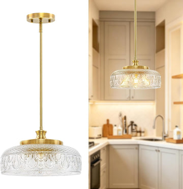 3-Light Adjustable Pendant Lights Kitchen Island, 12in Brushed Gold Modern Clear Glass Ceiling Mount Hanging Lighting