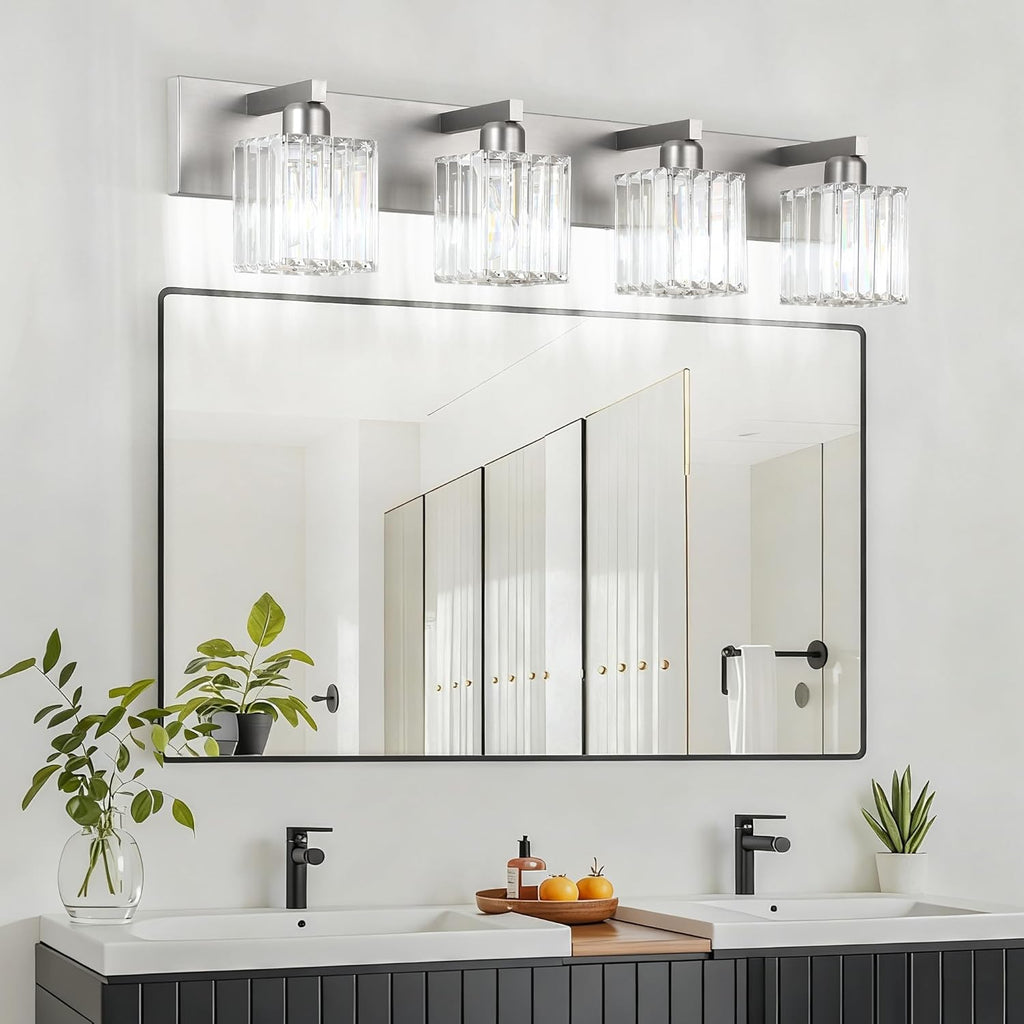 Brushed Nickel Bathroom Lighting Fixtures 4 Light Crystal Modern Bathroom Vanity Light (Exclude Bulb)