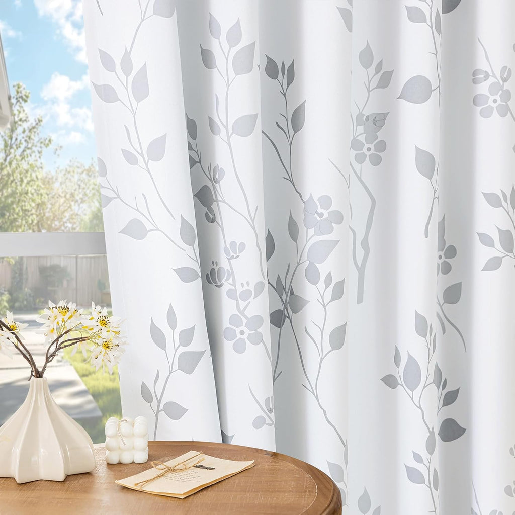 Floral 100% Blackout Curtains 2 Panels for Bedroom Living Room Grey White Flower Patterned Room