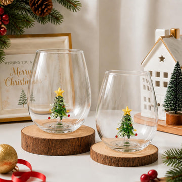 2 Pcs Christmas Tree Stemless Wine Glasses with 3D Tree Inside