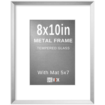 8x10 Picture Frame Silver, Modern Aluminum Metal Frame with Tempered Glass, Display Photo 5x7 with Mat or 8 by 10