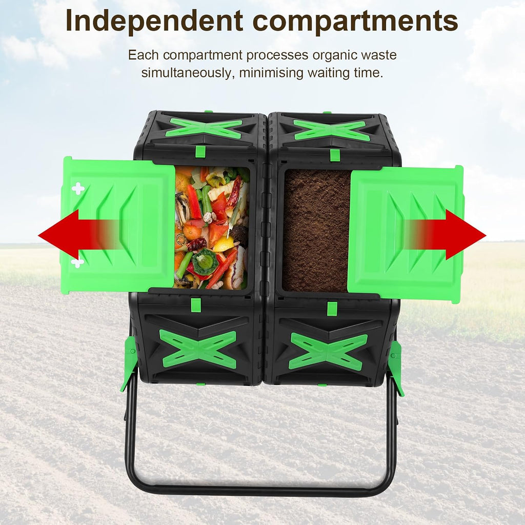 140L Dual Chamber Tumbling Composter 360° Sliding Door for Garden | Heavy-Duty Rotating Compost Bin With Easy Setup &