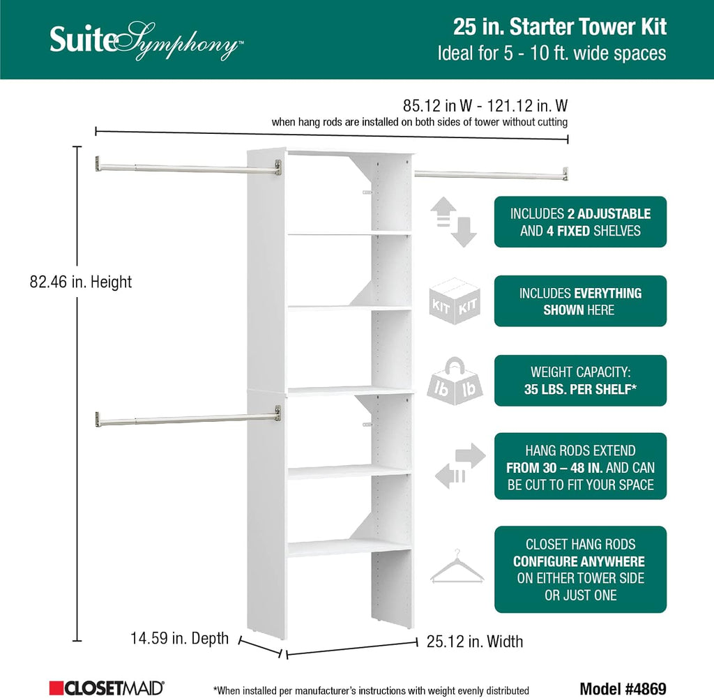 SuiteSymphony Wood Closet Organizer System, 25-Inch Starter Kit with Tower and 3 Hang Rods and Shelving, Adjustable