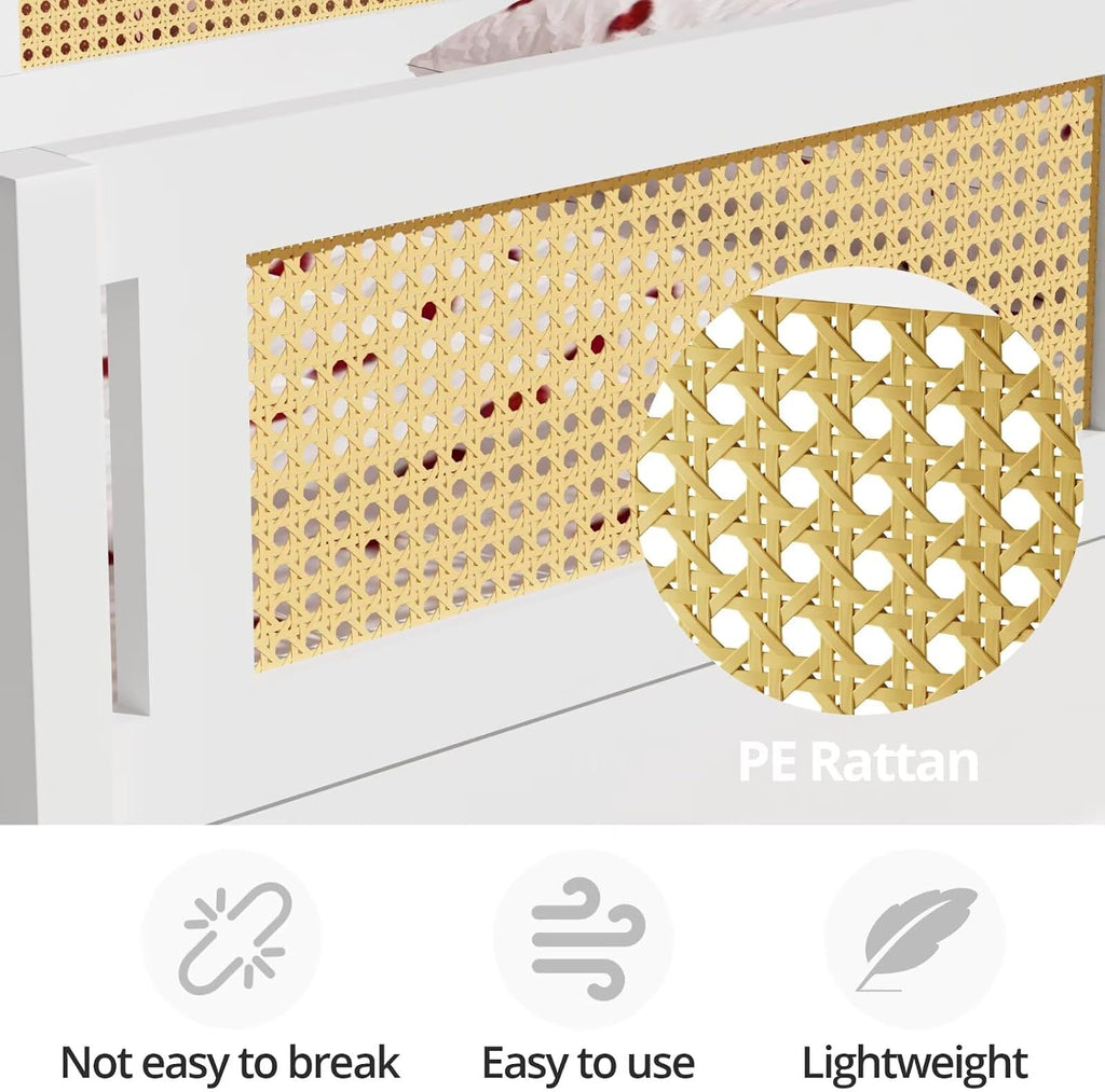 Twin Size Floor Bed with PE Rattan High Fence, Wood Montessori Bed Frame with Slats for Children Girls Boys, White