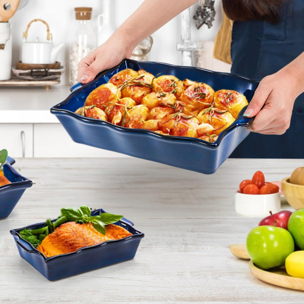 3 Pack Casserole Dishes for Oven, Ceramic Dishes with Handles, Heavy Duty Rectangular Lasagna Pan, Porcelain Bakeware