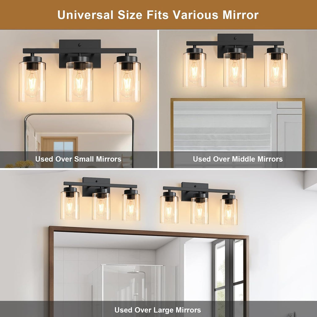 Modern Bathroom Light Fixtures, 3 Light Black Vanity Lights, Bathroom Lighting Fixtures Over Mirror with Clear Glass