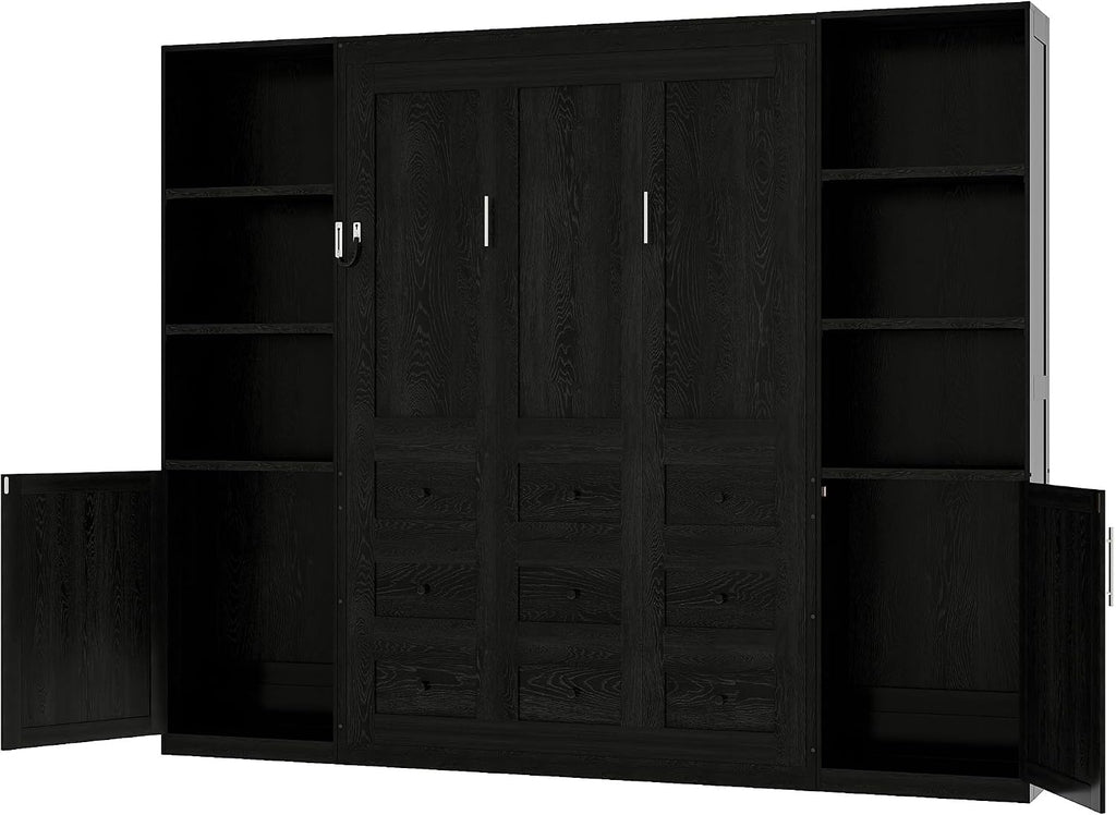 Queen Farmhouse Murphy Bed with Storage Bookcase Shelves and Cabinets, Solid Wood Foldable Hidden Vertical Murphy