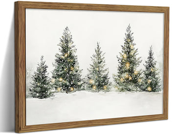 Vintage Christmas Pine Tree Wall Art, Nature Snowy Forest Canvas Wall Decor Painting, Neutral Farmhouse Christmas