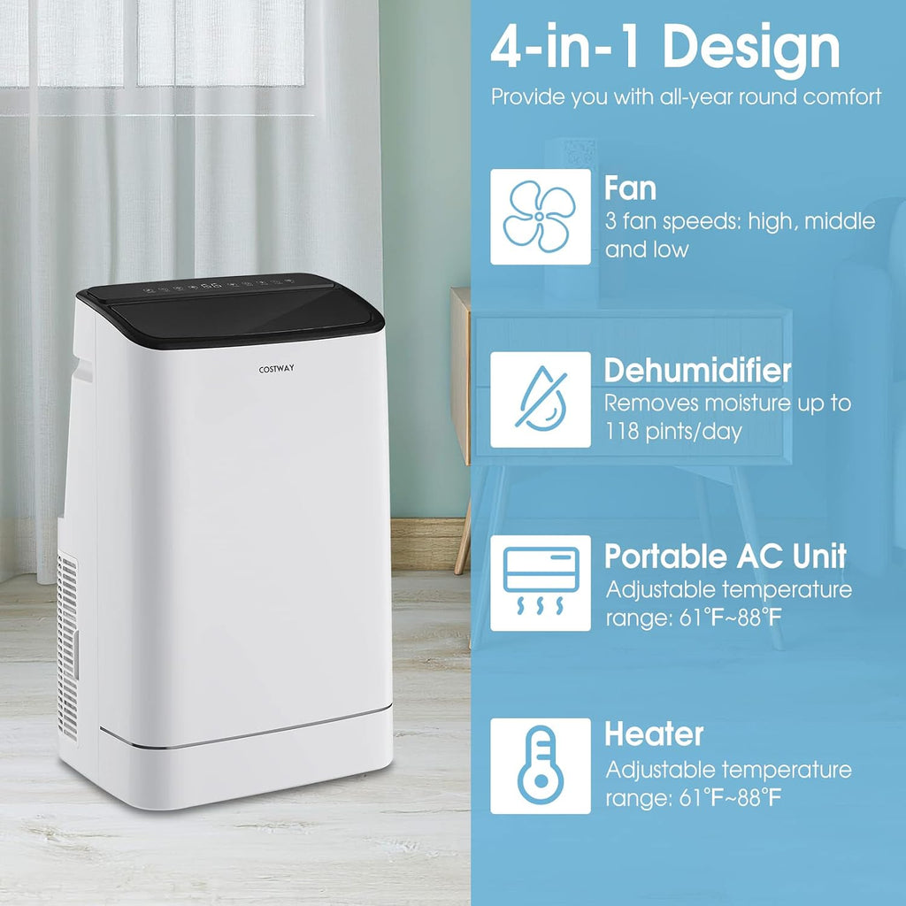 15000 BTU Portable Air Conditioner, with Heat, Auto Swing 4-in-1 AC Unit for Rooms up to 800 Sq.Ft, with Built