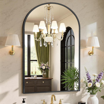 26"x38" Arch Black Bathroom Wall Mirror, Metal Frame Vanity Mirror
