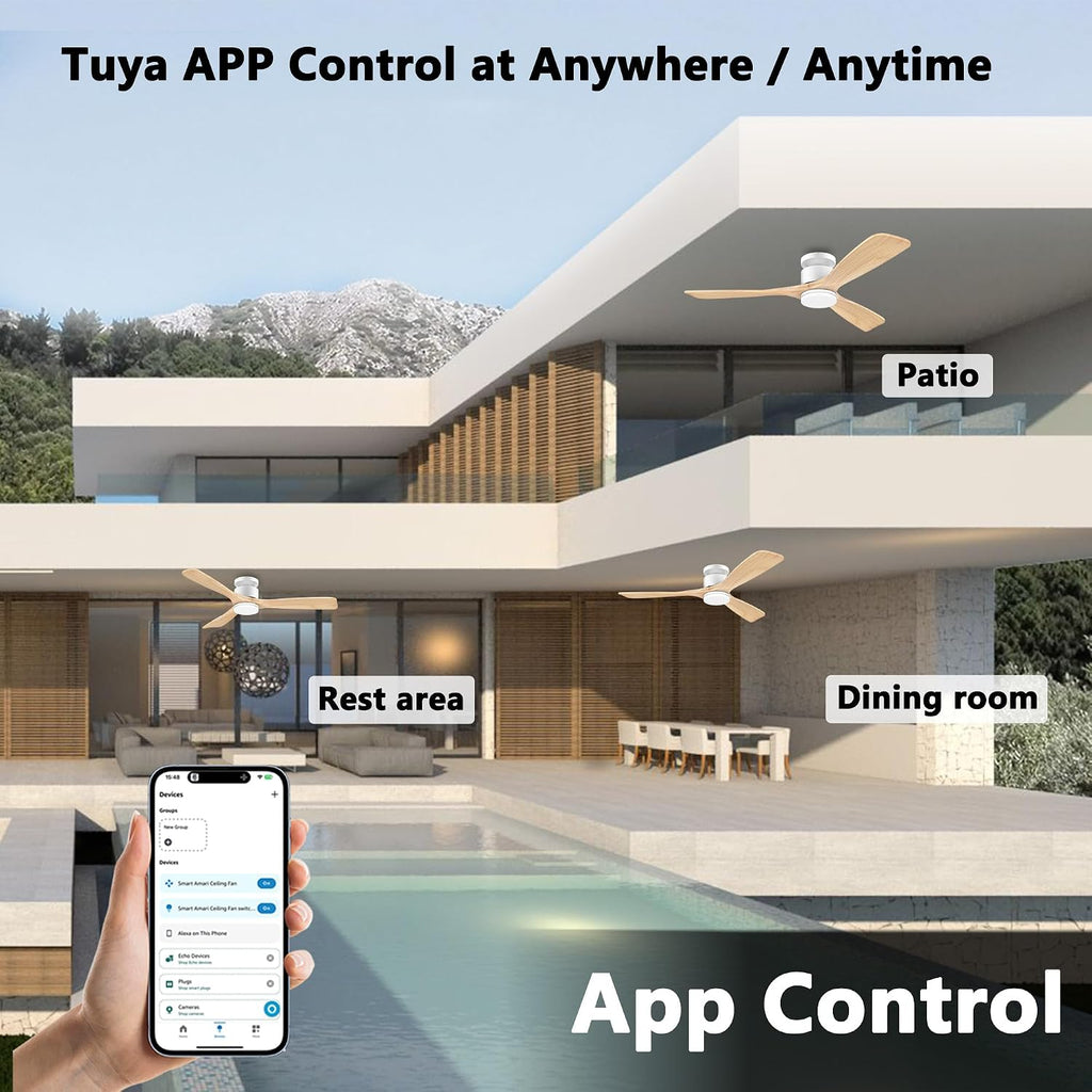 52 Inch Smart Flush Mount Ceiling Fans with Lights Remote, Wood Outdoor Indoor Ceiling Fan, WIFI Alexa App Control