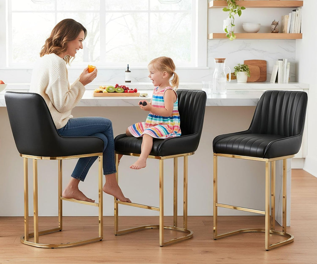 Black Leather Bar Stools Set of 4 Modern Counter Stools with Gold Legs 26 Inch Counter Height Bar Stools Upholstered