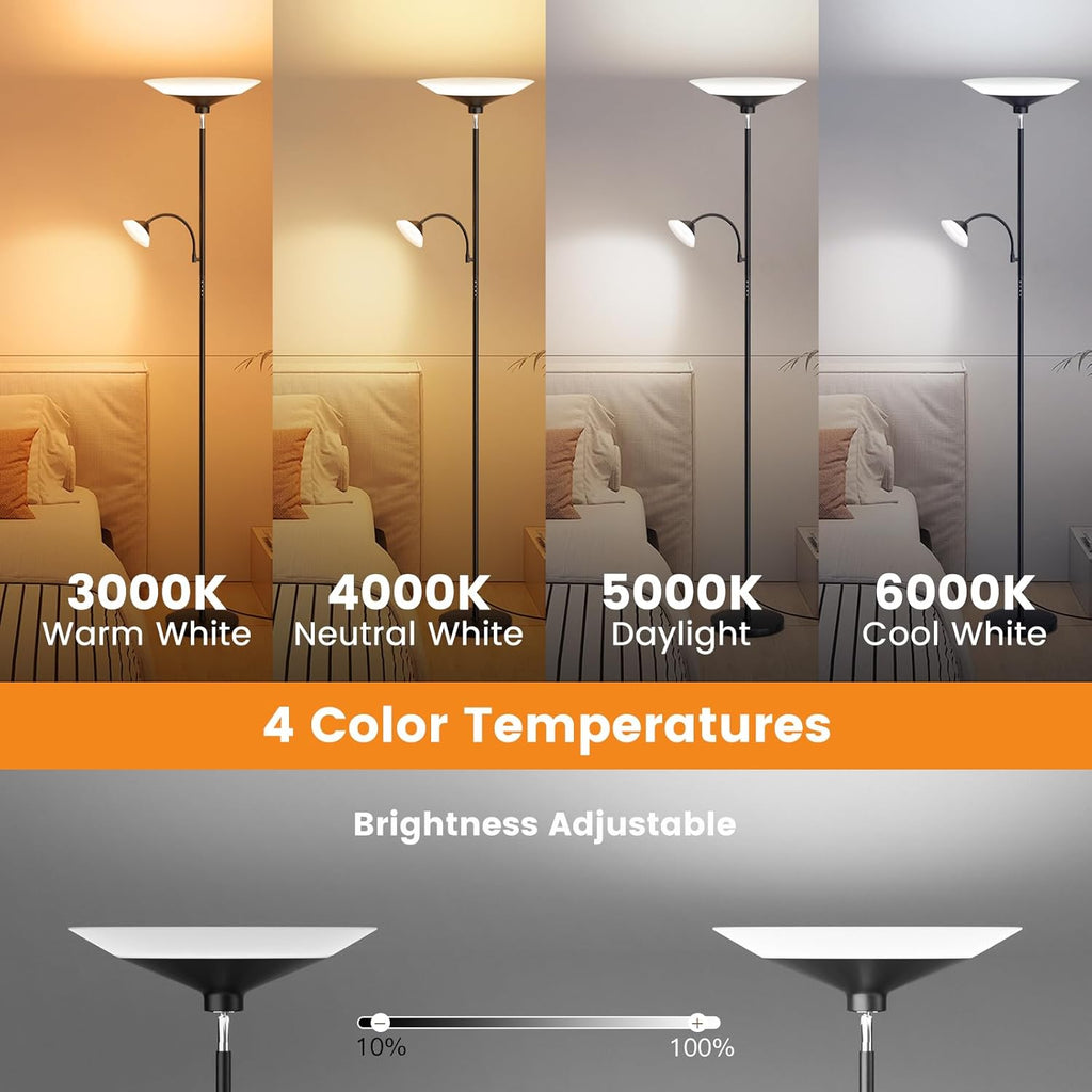 2-in-1 Torchiere Floor Lamp, Dimmable Standing Lamp with Remote&Button Control
