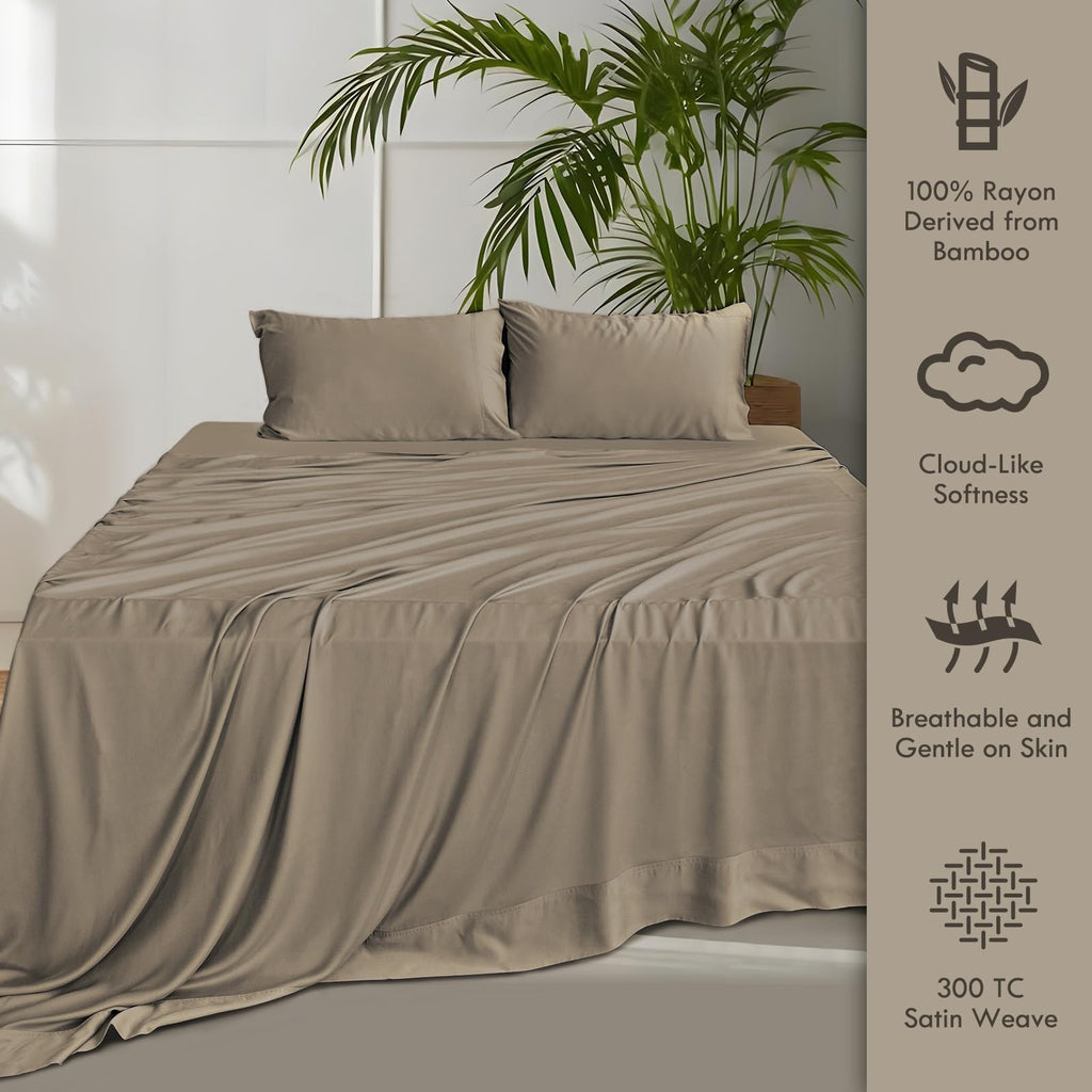 Sheets King Bed Sheet Set, 100% Rayon derived from Bamboo, Luxuriously Soft, Cooling, Double Stitching, 16" Deep