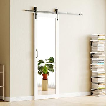 Mirrored Barn Door 32in x 84in, 1 Lite Mirror Door Panel with 6FT Sliding Hardware Kit Set, Pre-drilled Finished Door