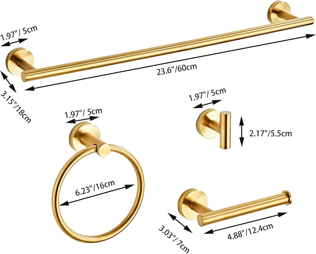 Brushed Gold Bathroom Hardware Set 5 Piece with Towel Racks , SUS304 Stainless Steel Bath Towel Bar Set, 24 Inch Wall