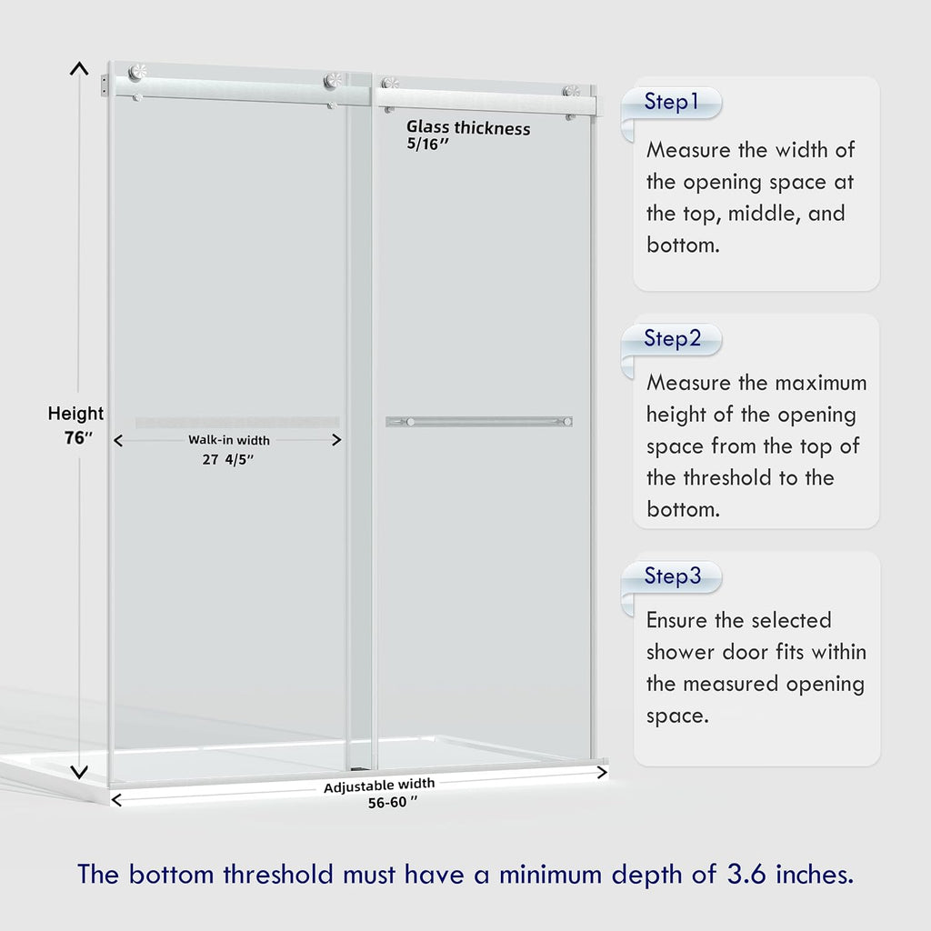 56-60” W x 76” H Bathroom Dual Sliding Frameless Shower Door