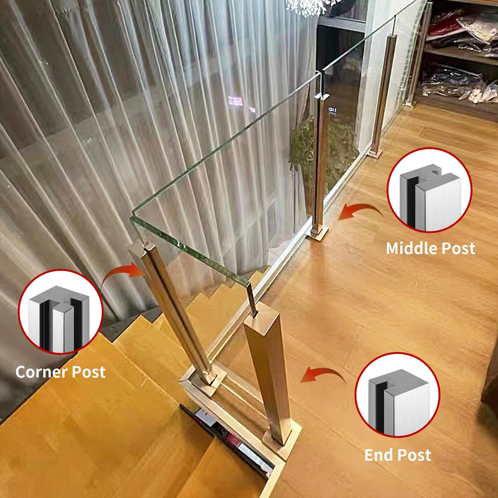 Glass Railing Post, No-Punch Glass Railing System with Spigot Slots & Base, Heavy-Duty 304 Stainless Steel Clamp for