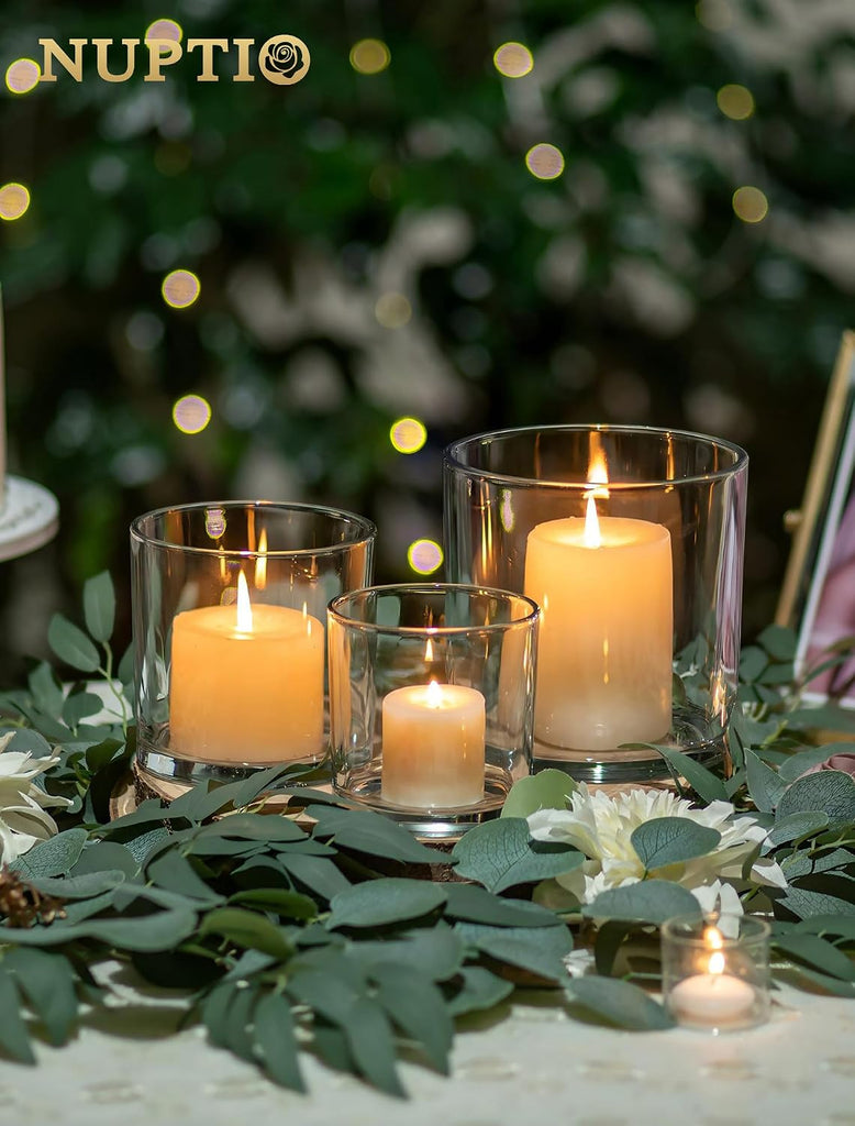 Thick Glass Hurricane Pillar Candle Holders, Set of 3 | Heavy Clear Walls, Wide Low-Profile Cylinders for Easy Use, 3