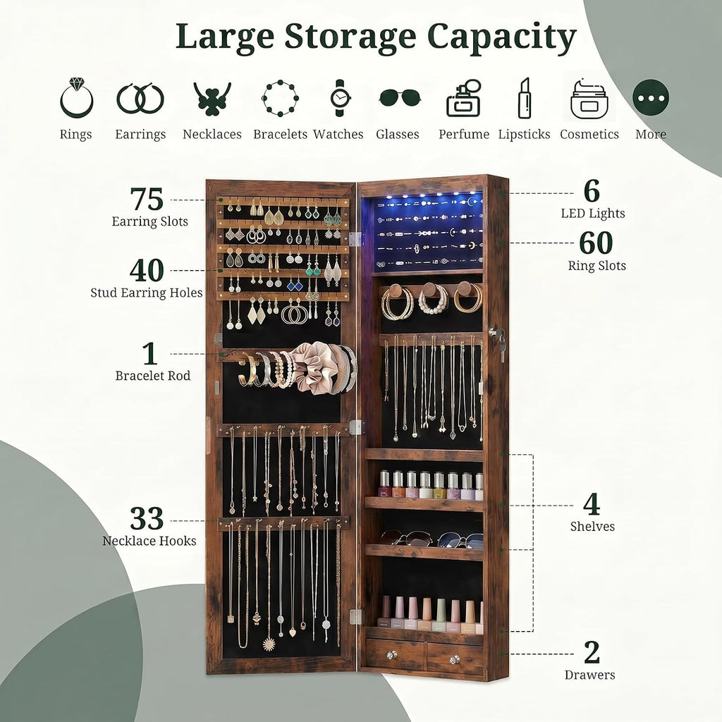 Jewelry Armoire, 47.2" Tall Lockable Jewelry Organizers and Storage Cabinet with Full-Length Mirror, 6 LEDs