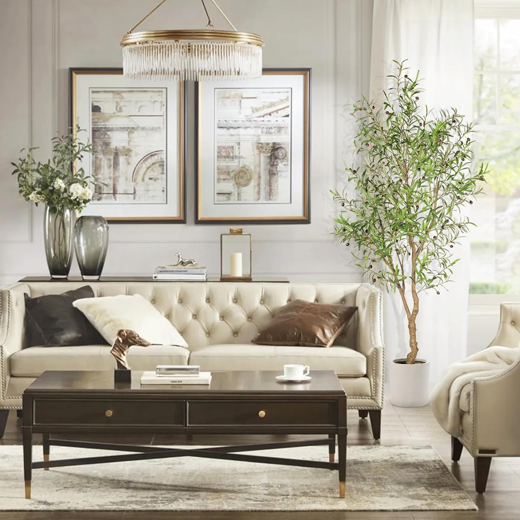 7ft Faux Olive Tree - Fake Potted Olive Silk Tree with Planter Natural Olive Branches and Realistic Leaves Artificial