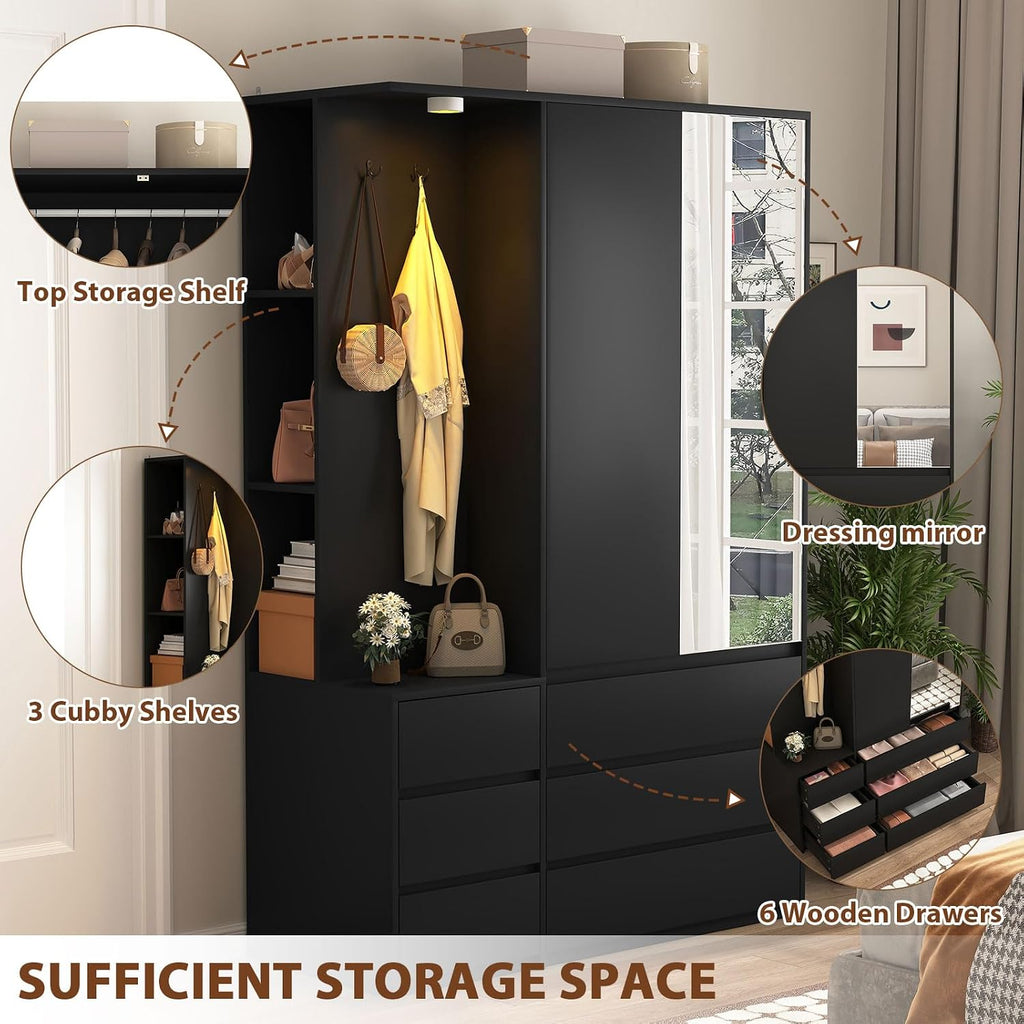 Black Wardrobe Closet with Mirror and LED Light, Armoire Wardrobe with 6 Drawers, Hanging Rod, Open Shelves