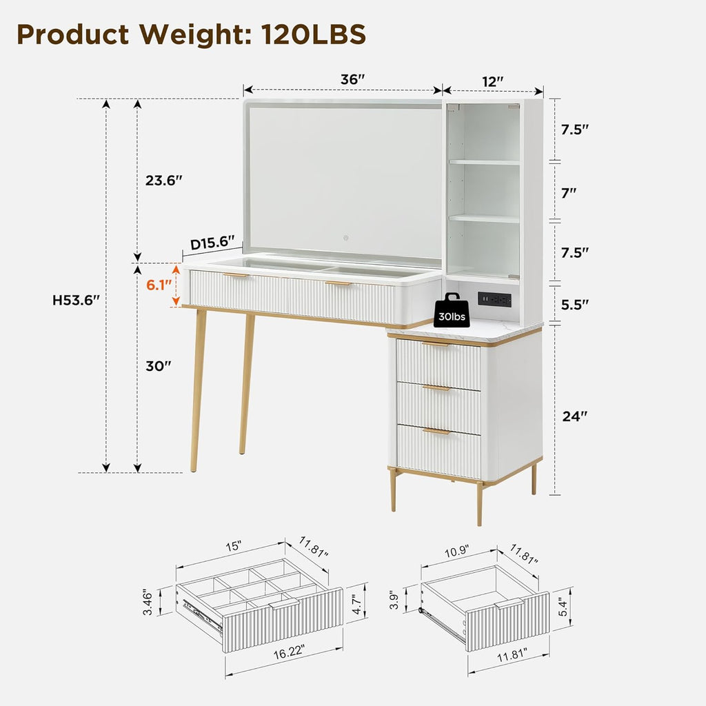 Fluted Makeup Vanity Desk with 36" HD Lighted Mirror, 48" Big Modern Vanity Desk with Mirror and Lights, Dressing