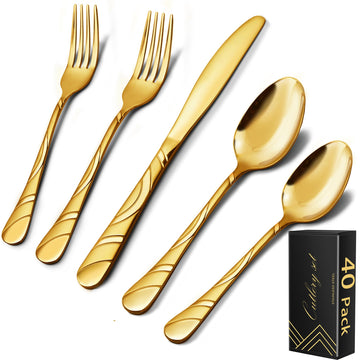 40-Piece Gold Silverware Set for 8, 18/0 Frosted & Mirror Finish Stainless Steel Vintage Flatware Set, Modern Cutlery