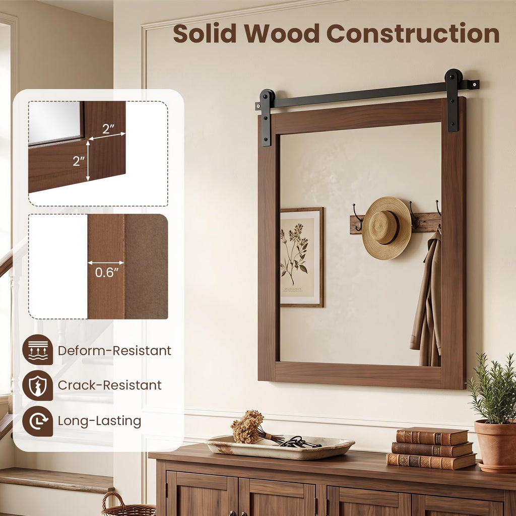 Farmhouse Barn Door Wall Mirror, 29"x23", Walnut