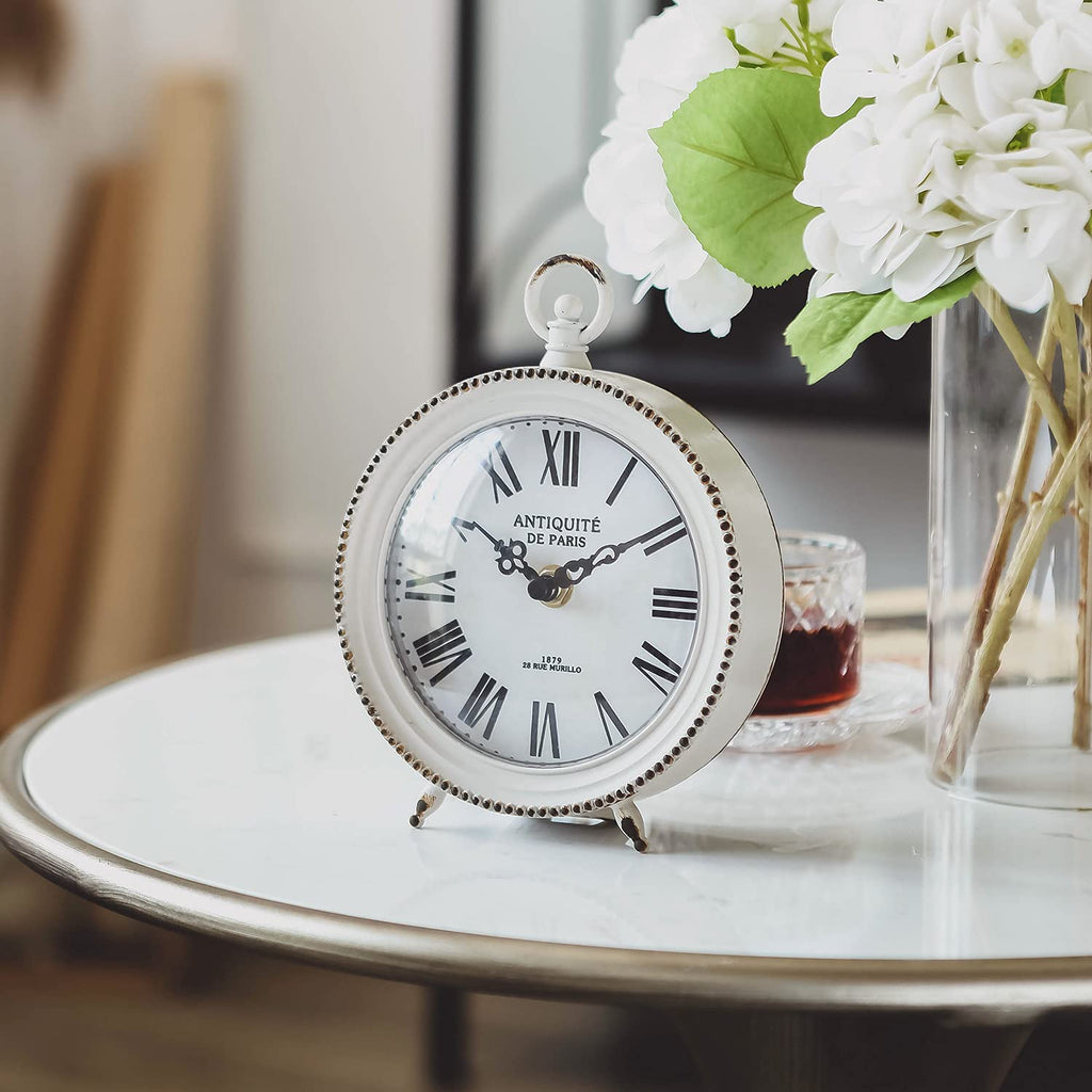 Vintage Table Clock with Handle, Shelf Desk Top Clock Battery Operated Rustic Design, Chic Home Decor for Fireplace