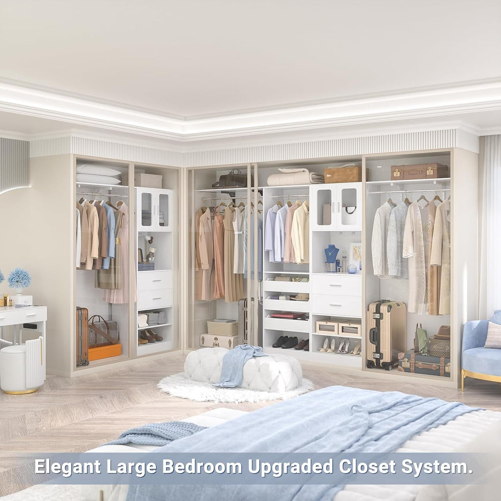 6.7FT-10FT Closet System Set with Half-Open Drawers, 80.5''-120" Wooden Modular Wardrobe Set with Shelving Towers