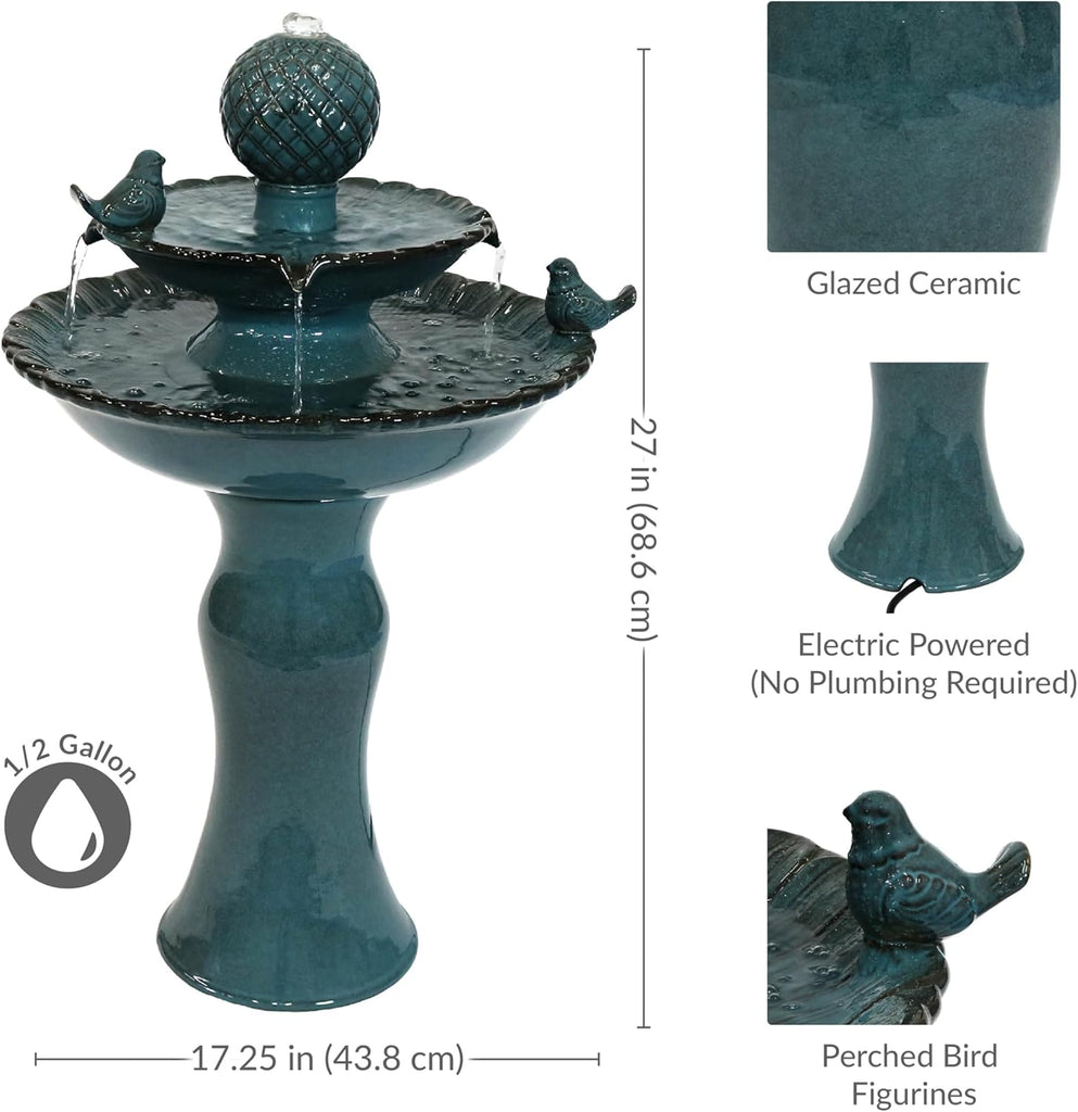 27" H 2-Tier Ceramic Water Fountain - Outdoor Water Feature - Garden Fountain - Blue