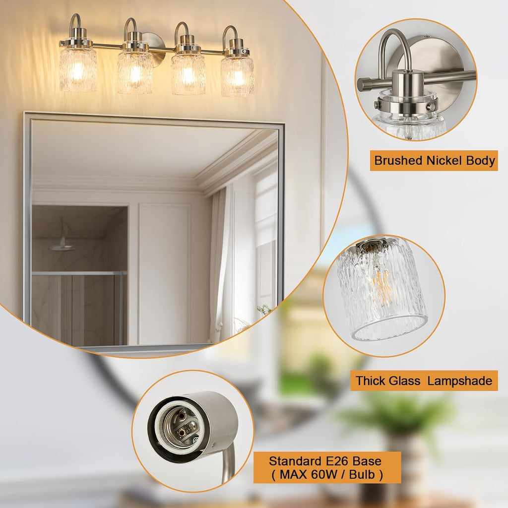 4 Lights Bathroom Vanity Light, Brushed Nickel Bathroom Light Fixtures with Hammered Glass Lampshade for Dressing