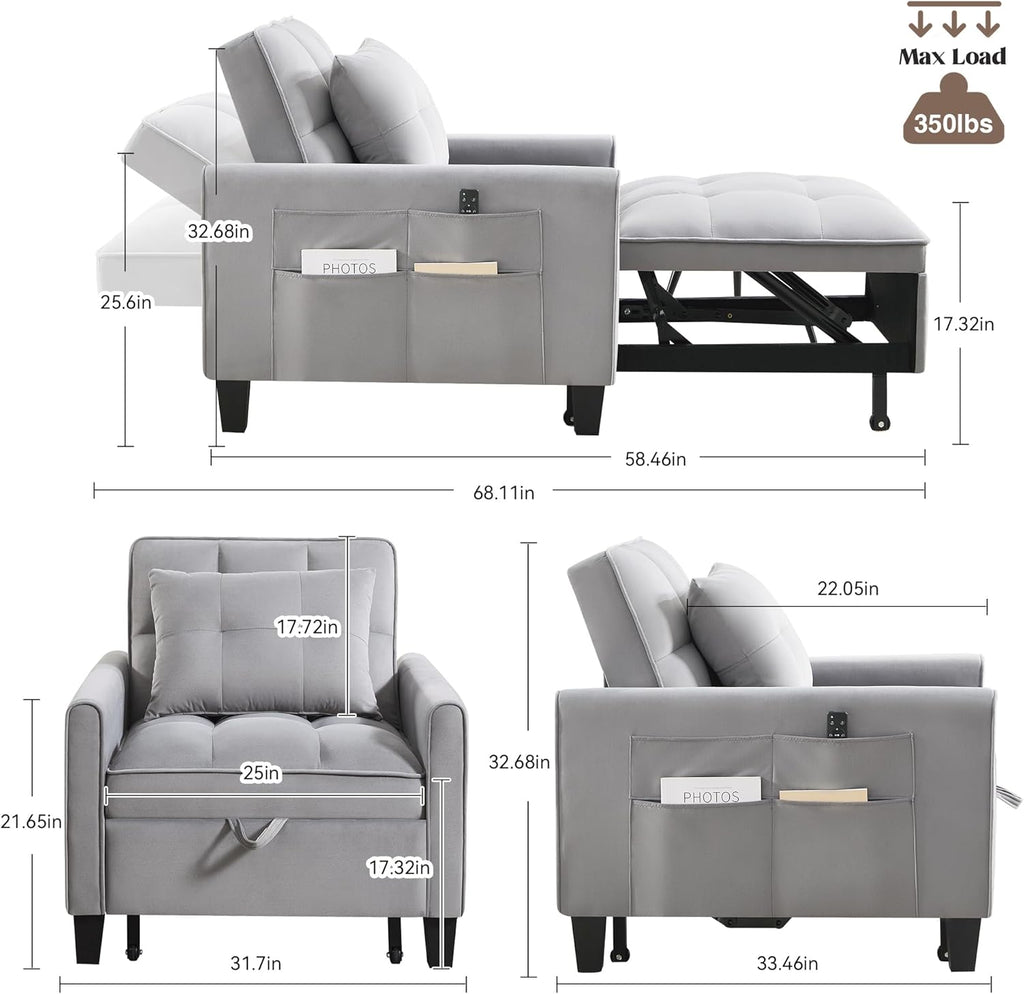 Convertible Sleeper Chair, 3 in 1 Sleeper Chair Bed Pull Out Sofa Bed Chairs, Single Sofa Beds with Adjustable