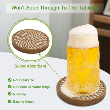 5 Pack Coasters for Drinks Absorbent, 4.3 inches Woven Coasters for Coffee Tables, Wooden Drink Coasters for Table