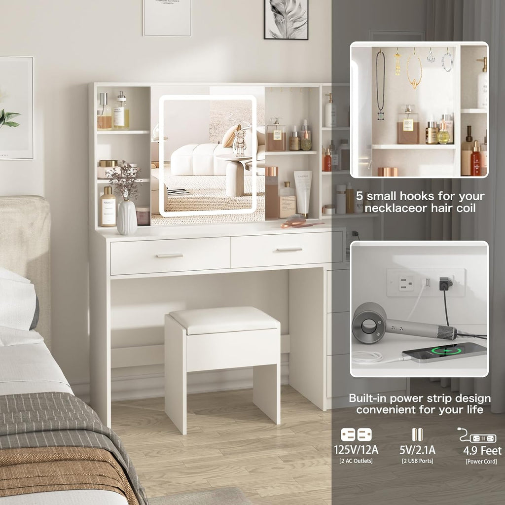 Vanity Desk with Mirror and Lights, Makeup Vanity with 5 Drawers, Makeup Desk with Charging Station and Ample
