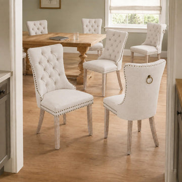 Beige-White Set of 6, Tufted Kitchen & Dining Room Chairs