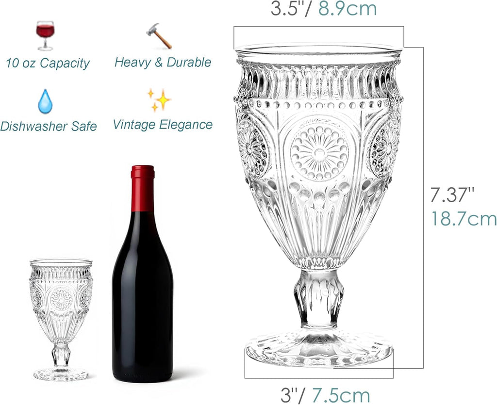 Vintage Goblet Glasses Set of 6, 10 oz Heavy-Duty Pressed Glass Water or Wine Glasses with Ornate Design for Dining