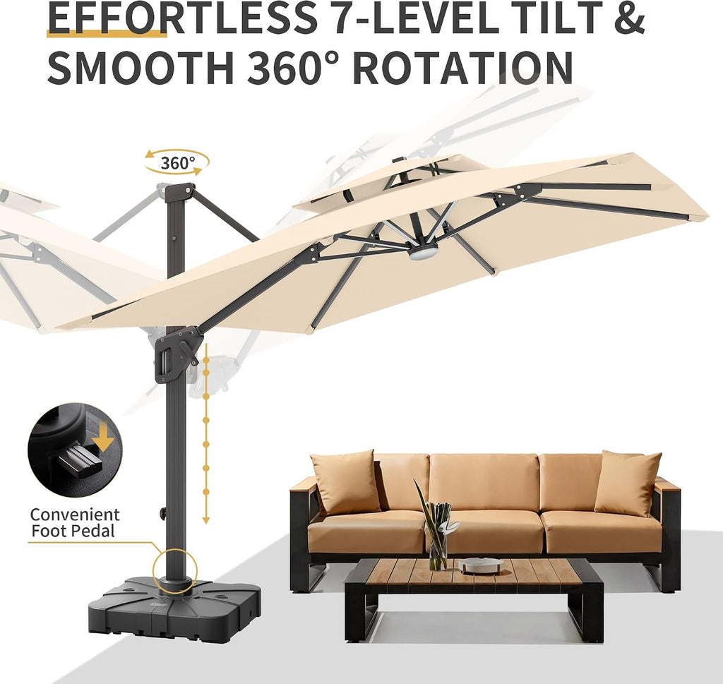 10 X 13 FT Cantilever Patio Umbrella with Base Included & Led Lights Outdoor Rectangle Offset Large Double Top Heavy - B
