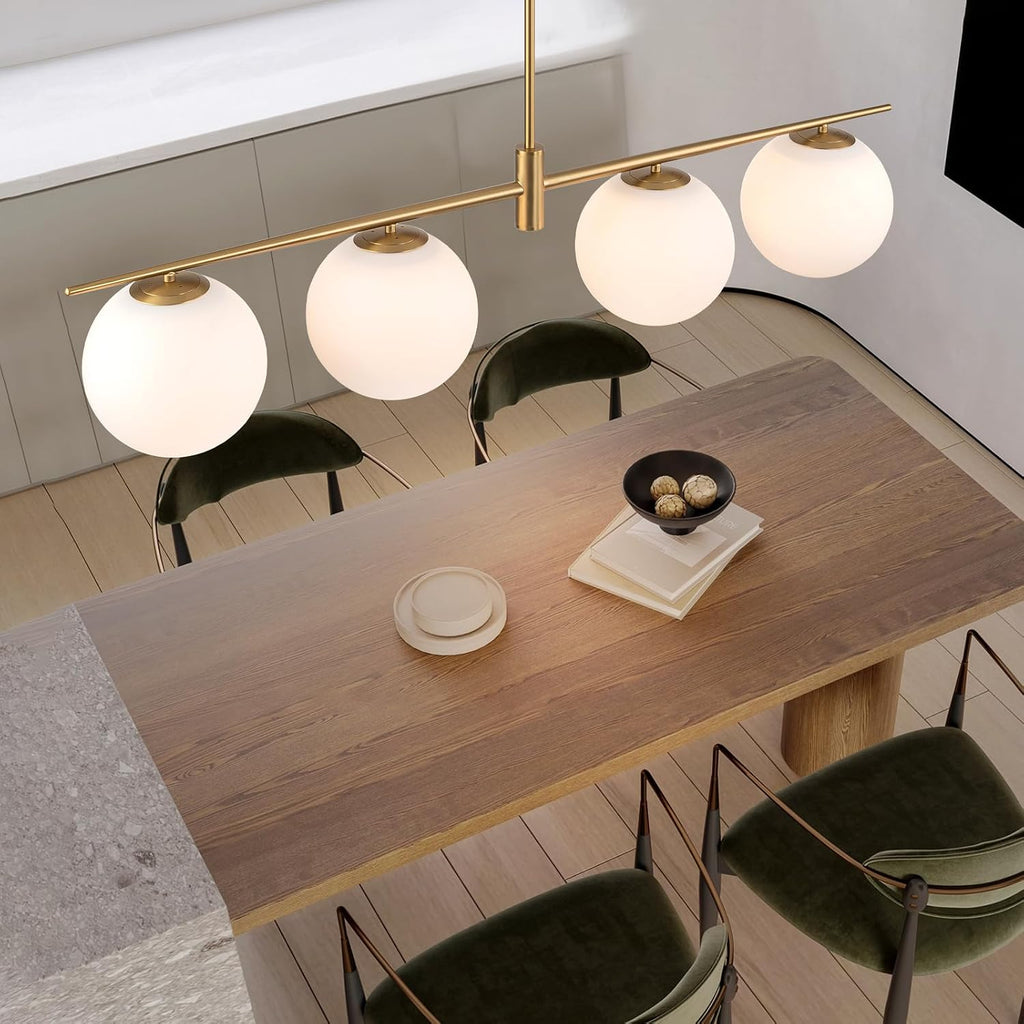 45.3" Modern Linear Chandelier 4-Lights Milk Glass Globe Linear Pendant Light Fixture Brushed Gold Mid Century