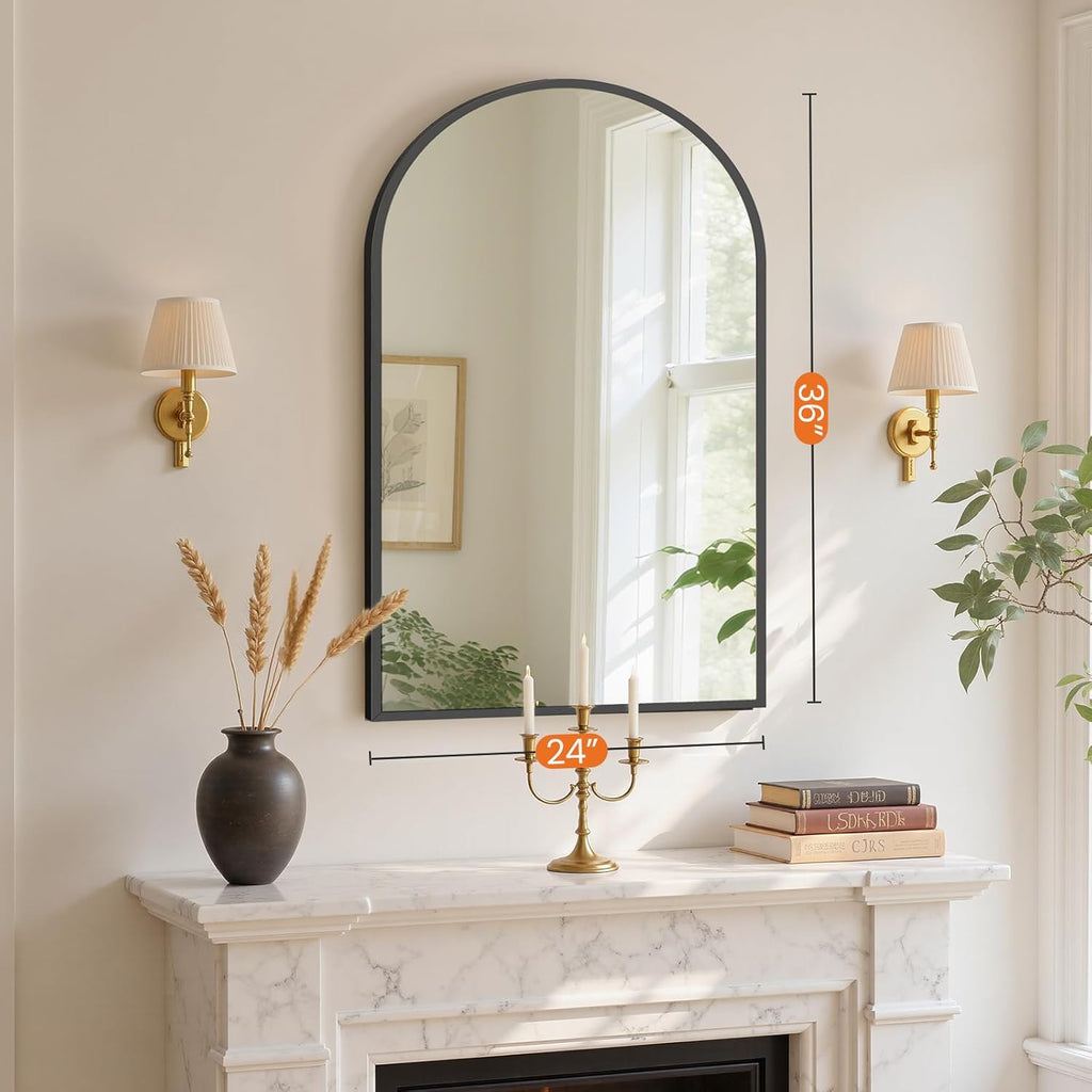 24"x36" Arch Black Bathroom Wall Mirror, Metal Frame Vanity Mirror