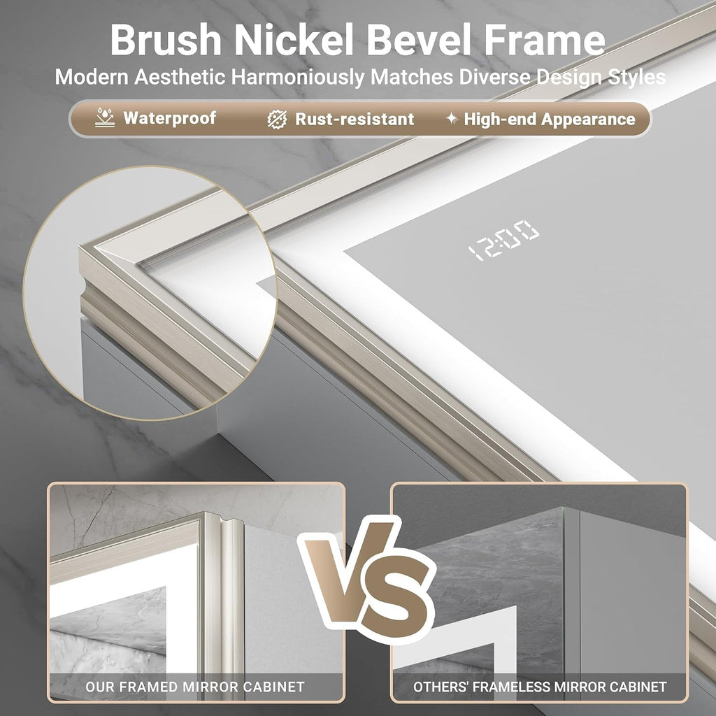 36x30 Lights Medicine Mirror Cabinet, Beveled Brushed Nickel Frame | Lighted Aluminum Bathroom Cabinet, Surface or