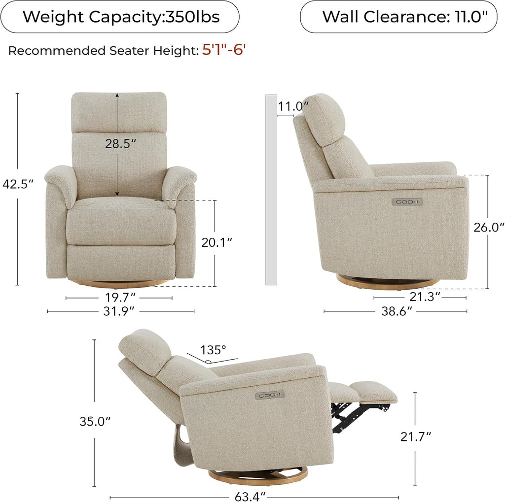 Power Recliner Chair with Nightlight, Nursery Glider, Boucle in Sand | Power Headrest, Water-Resistant Fabric