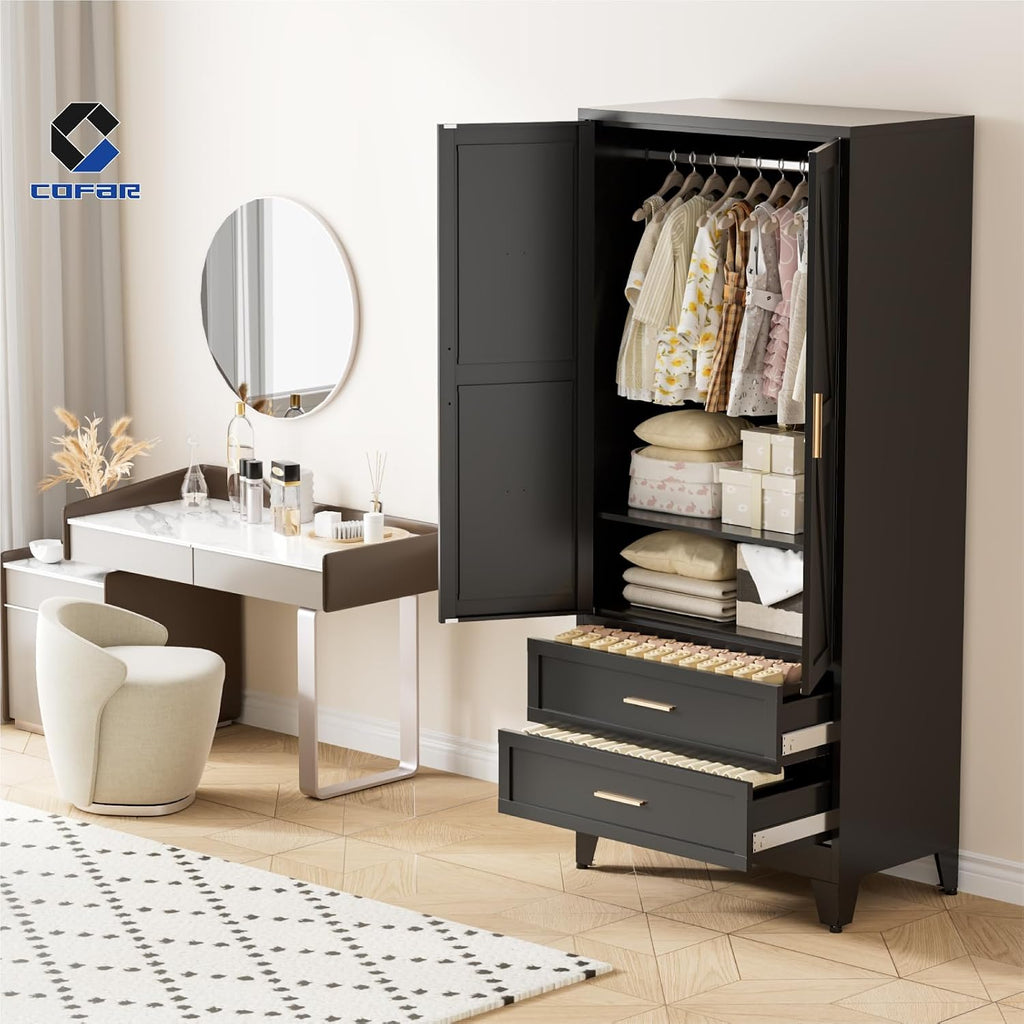 Armoire Wardrobe Closet with Drawers & Hanging Rod, 71'' Metal Wardrobe Closet with Doors & Adjustable Shelf