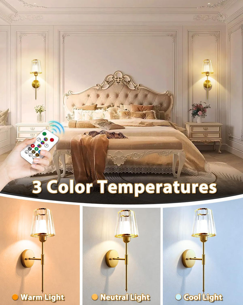 Crystal Battery Operated Wall Sconces Set of Two, Gold Rechargeable Wall Lights with 10000mAh Dimmable Magnetic Bulb
