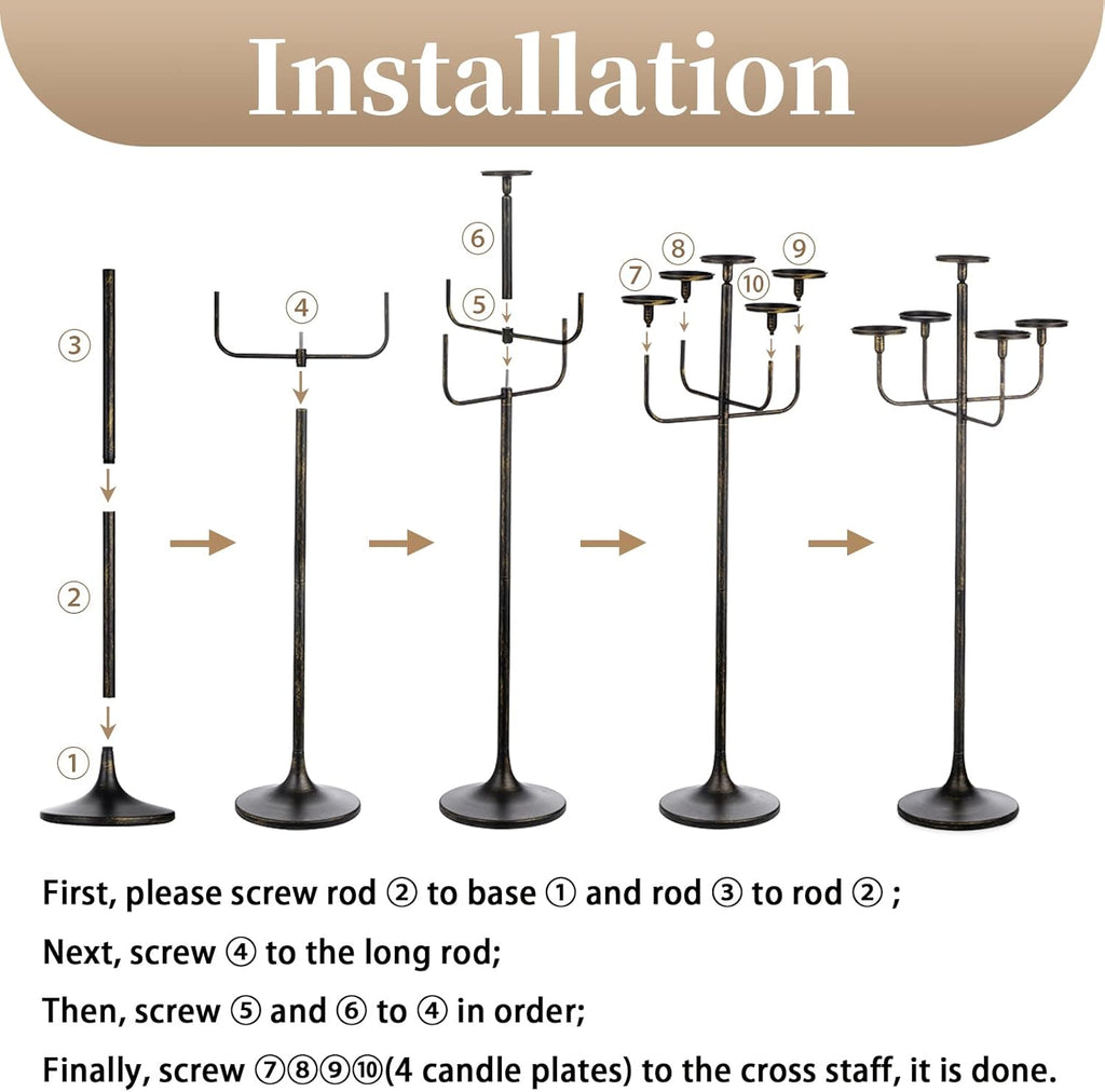 Black Floor Candelabra Centerpiece 5-arm 48inch Tall Candle Holders for Candlesitcks Taper Pillar Candles Metal