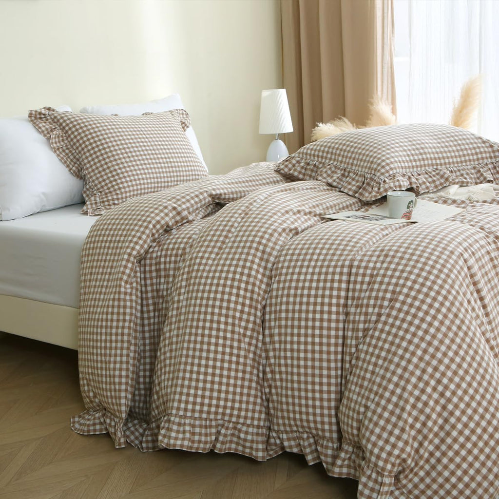 Taupe/White Plaid Ruffle Duvet Cover,100% Washed Cotton 3 Pcs Vintage Checkered Chic Gingham Bedding Set