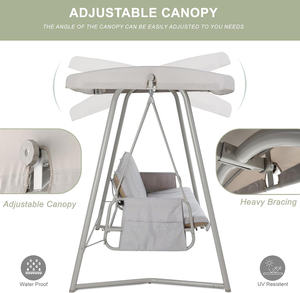 3-4 Person Oversized Outdoor Porch Swing with Adjustable Backrest Canopy,2-in-1 Swing Bed 800 lbs Capacity,Patio