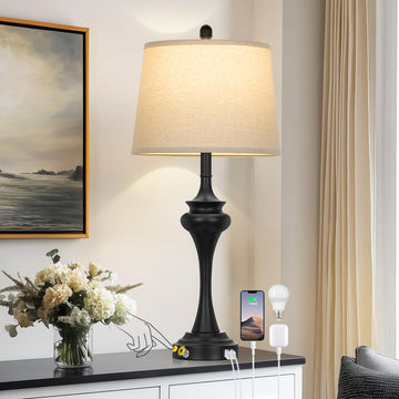 30 Inch Black Table Lamp Single, 3-Way Touch Control Bedside Lamp with USB A+C Ports, Modern Bedroom Lamps for